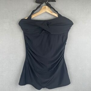 Black Halter Ruched One Piece Maternity Stretch Swimsuit Boyshort Bottom M Pinup